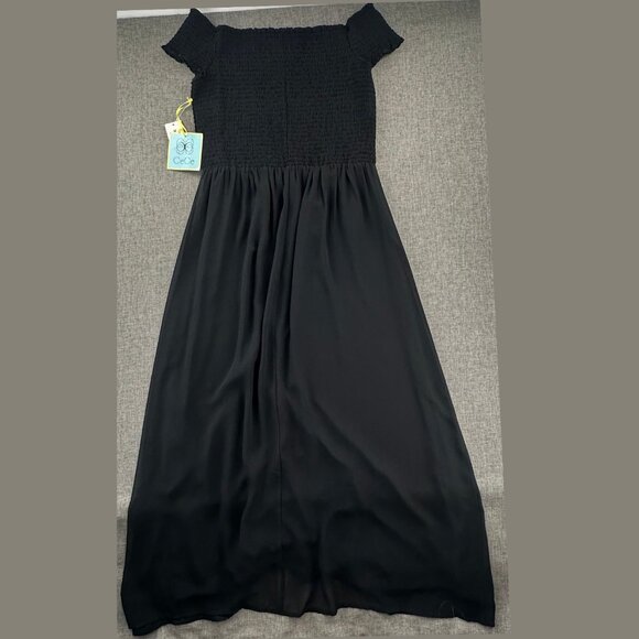 NEW Cece Off the Shoulder Dress Black Smocked Medium Lined Mesh Maxi Long Dress - Picture 9 of 13